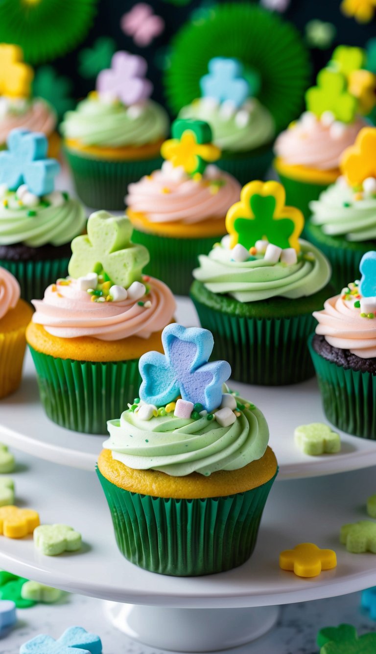 A colorful array of St. Patrick's Day cupcakes adorned with various Lucky Charms marshmallow shapes in a festive and whimsical display