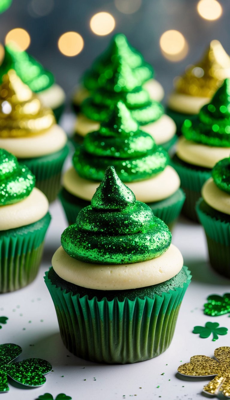 Green cupcakes topped with sparkling edible glitter in 17 unique designs for St. Patrick's Day