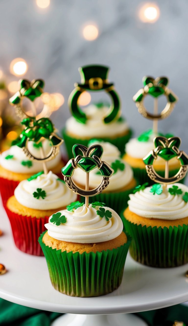 A festive display of St. Patrick's Day cupcakes adorned with unique Claddagh ring toppers