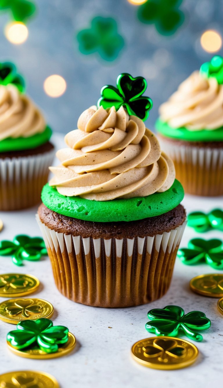 A festive cupcake with Irish coffee frosting surrounded by shamrocks and gold coins