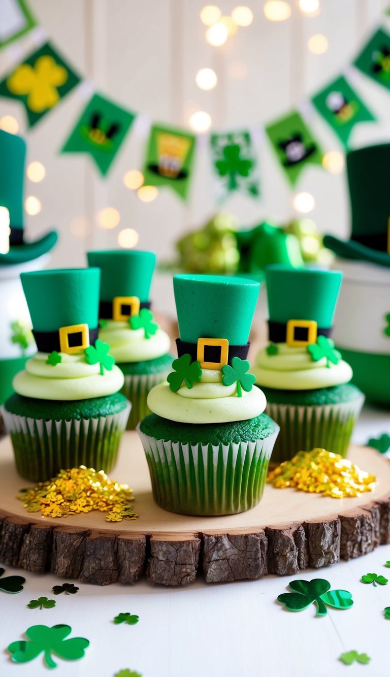 A festive table with green cupcakes topped with shamrocks, leprechaun hats, and pots of gold. A banner with St. Patrick's Day symbols hangs in the background