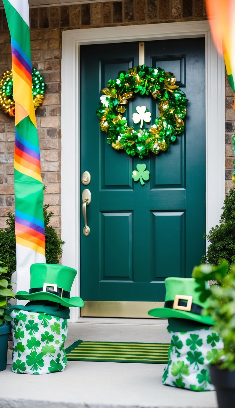 A festive outdoor scene with green shamrocks, leprechaun hats, and rainbow banners adorning a front porch or garden for St. Patrick's Day