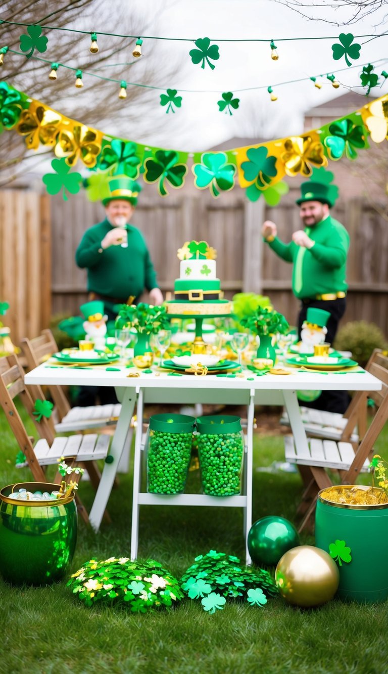 A lively St. Patrick's Day party in a backyard garden with green and gold decorations, including shamrocks, leprechauns, and a festive banner