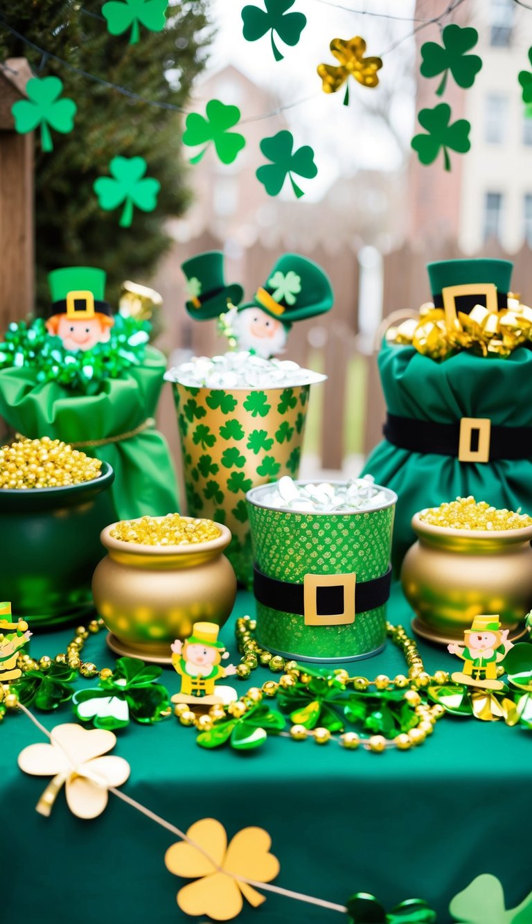 A festive scene with a variety of green and gold outdoor St. Patrick's Day decorations, including shamrocks, leprechauns, and pots of gold