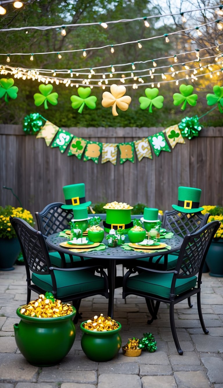 A backyard patio adorned with green shamrocks, leprechaun hats, and pots of gold, surrounded by twinkling string lights and a festive St. Patrick's Day banner