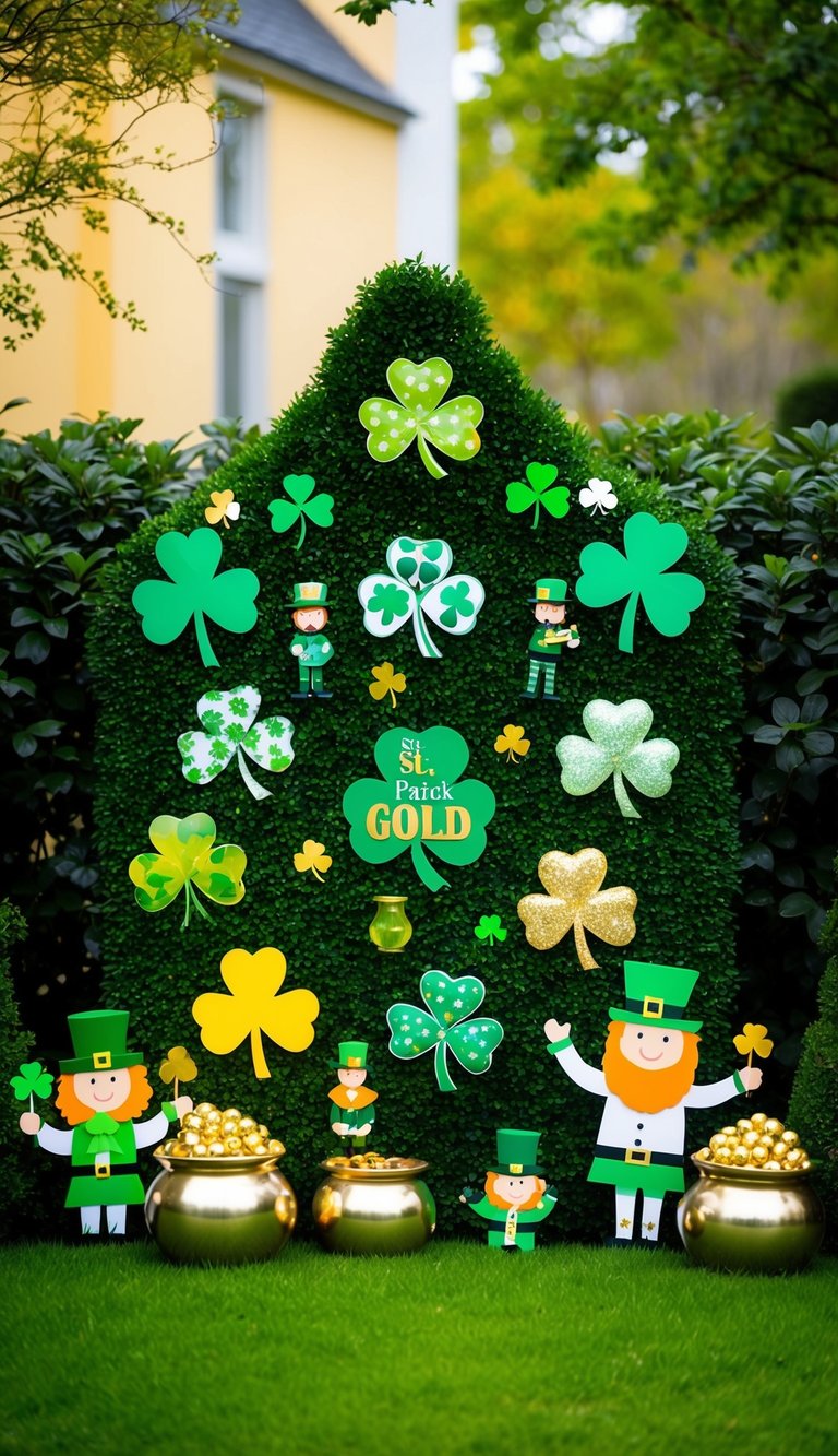 A lush green garden adorned with 17 unique St. Patrick's Day decorations, including shamrocks, leprechauns, and pots of gold