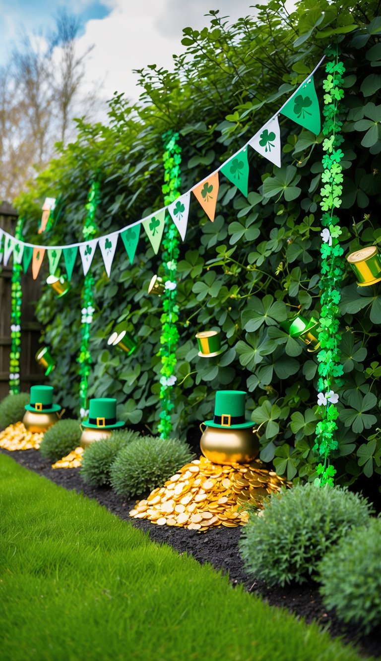 A lush green garden adorned with shamrock garlands, leprechaun hats, and pots of gold, with a festive St. Patrick's Day banner fluttering in the breeze