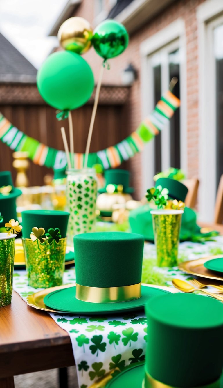 A lively scene of a backyard party with green and gold decorations, including shamrocks, leprechaun hats, and a rainbow banner