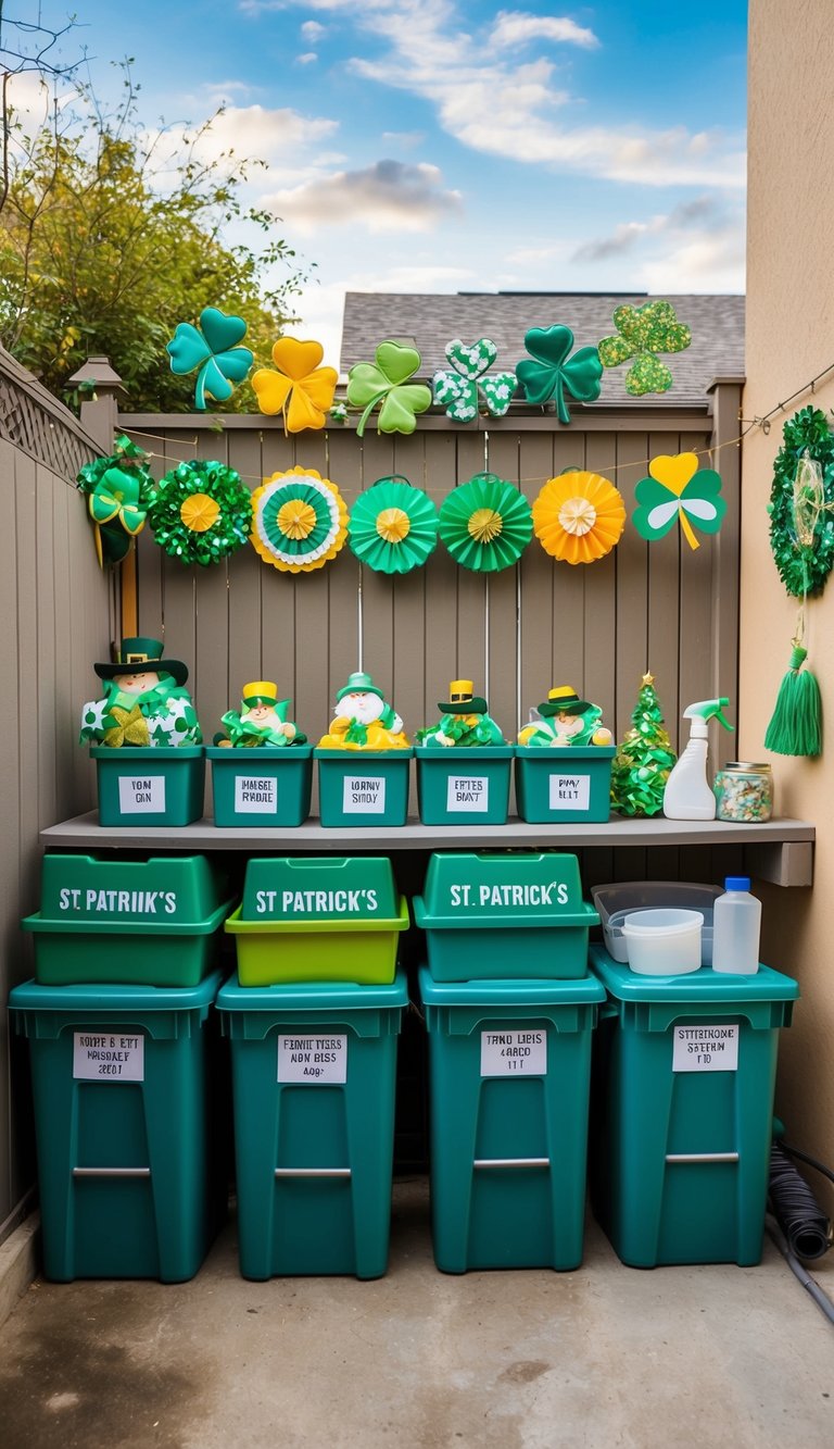 A backyard with 17 unique St. Patrick's Day decorations neatly stored in labeled bins, with a maintenance area for cleaning and repairing the decorations