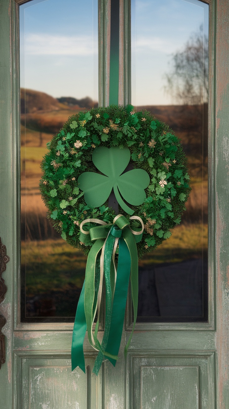 A green shamrock wreath with ribbons hanging on a rustic door.