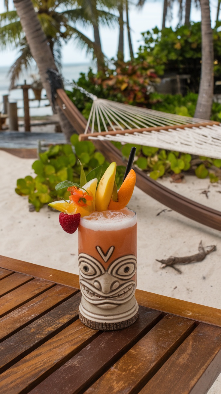 A vibrant Zombie cocktail garnished with fresh fruits, served in a tiki mug.