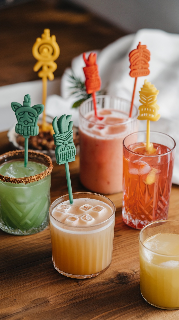 Colorful tiki-themed drink stirrers in cocktails on a wooden table.