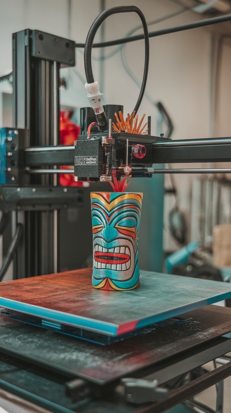 A 3D printer creating a tiki mug with colorful designs.