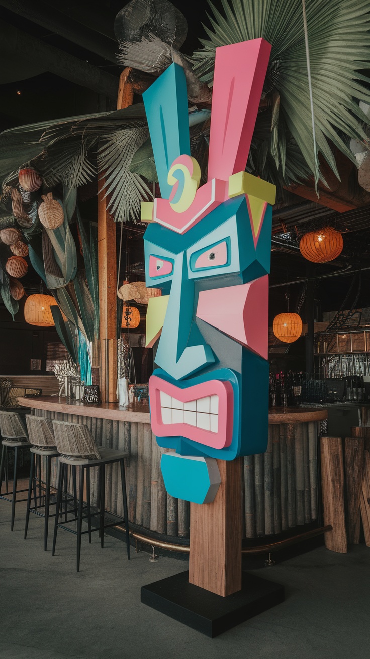 A colorful and artistic tiki mask displayed in a tiki bar setting