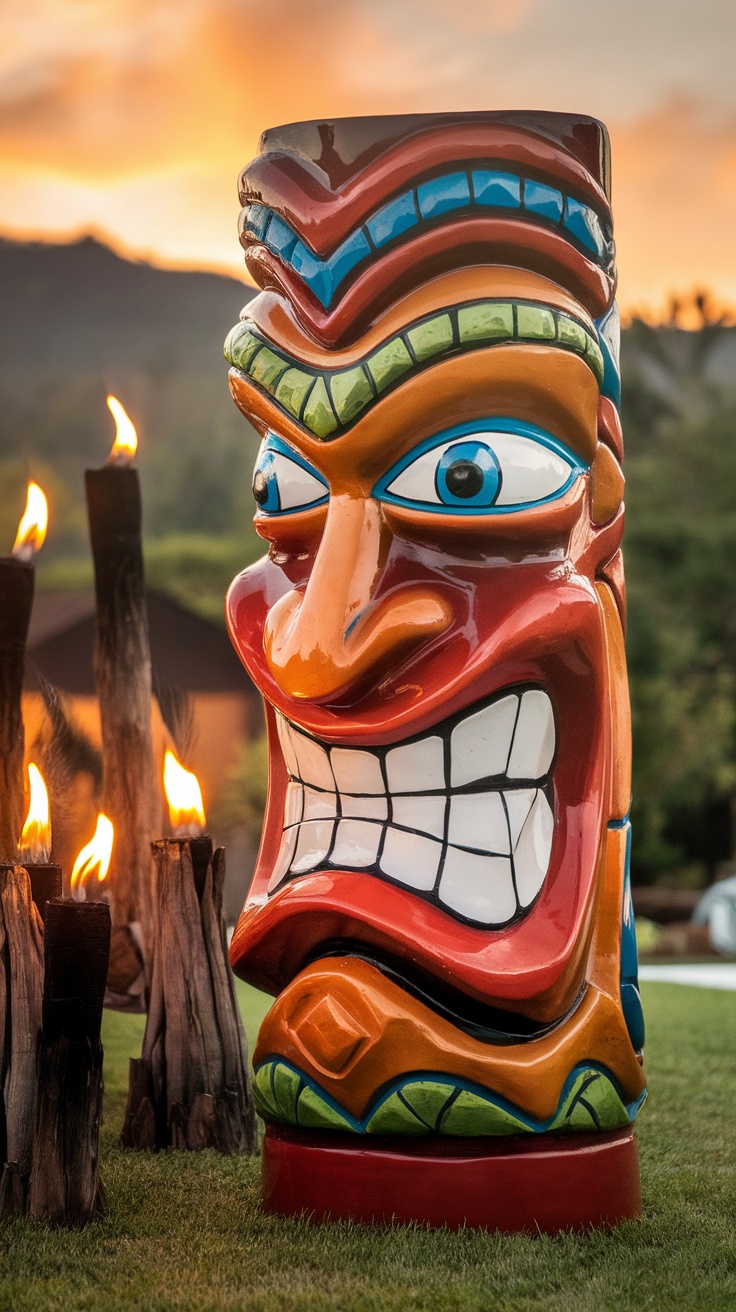 A colorful tiki face statue with vibrant features set against a sunset background.