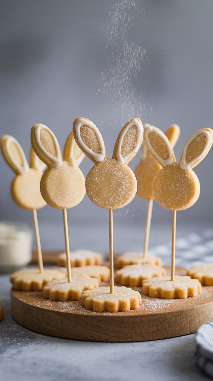 A variety of bunny ears cookie pops displayed on a wooden board, showcasing decorated sugar cookies.