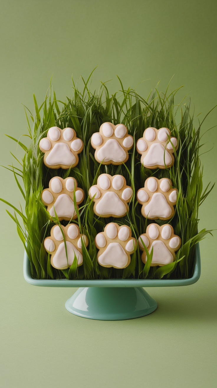 A display of bunny paw print cookies decorated with pink icing, set on grass.