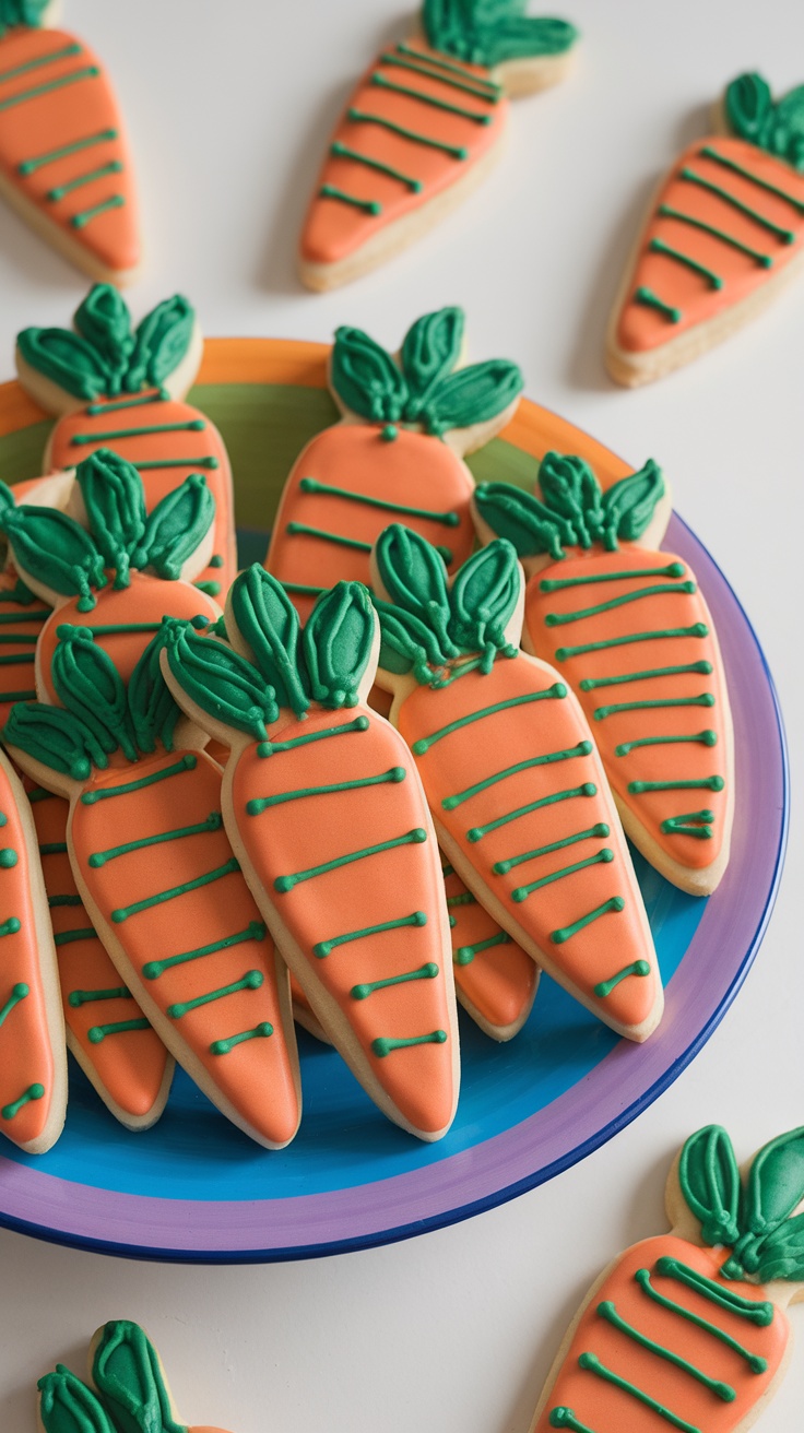 A colorful plate of carrot-shaped sugar cookies decorated with orange and green icing.