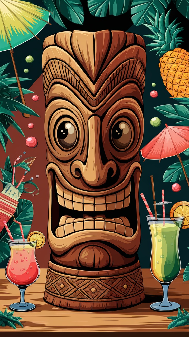 A charming vintage tiki face surrounded by tropical drinks and decorations.