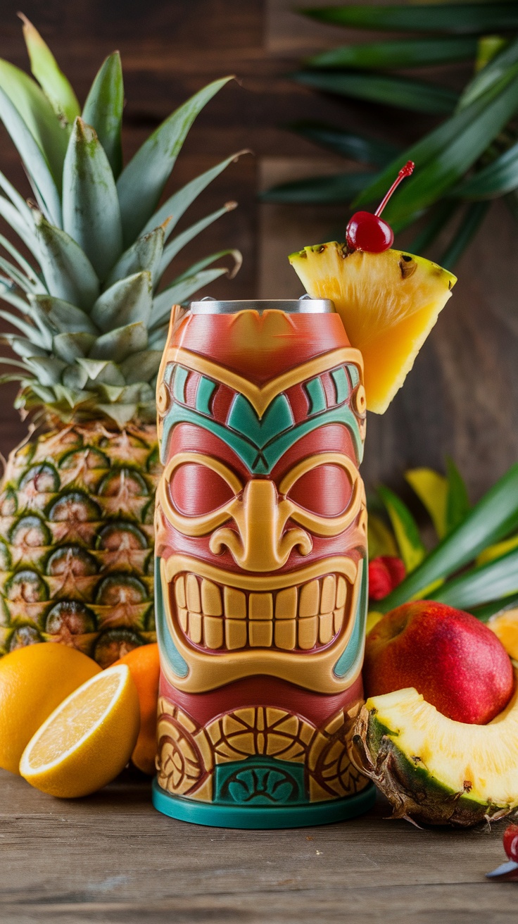 A colorful tiki pitcher surrounded by fruits like pineapple, lemon, and apple.