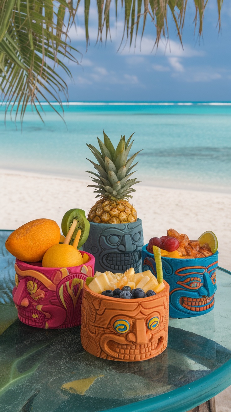 Colorful tiki bowls filled with fruits and snacks on a tropical beach.