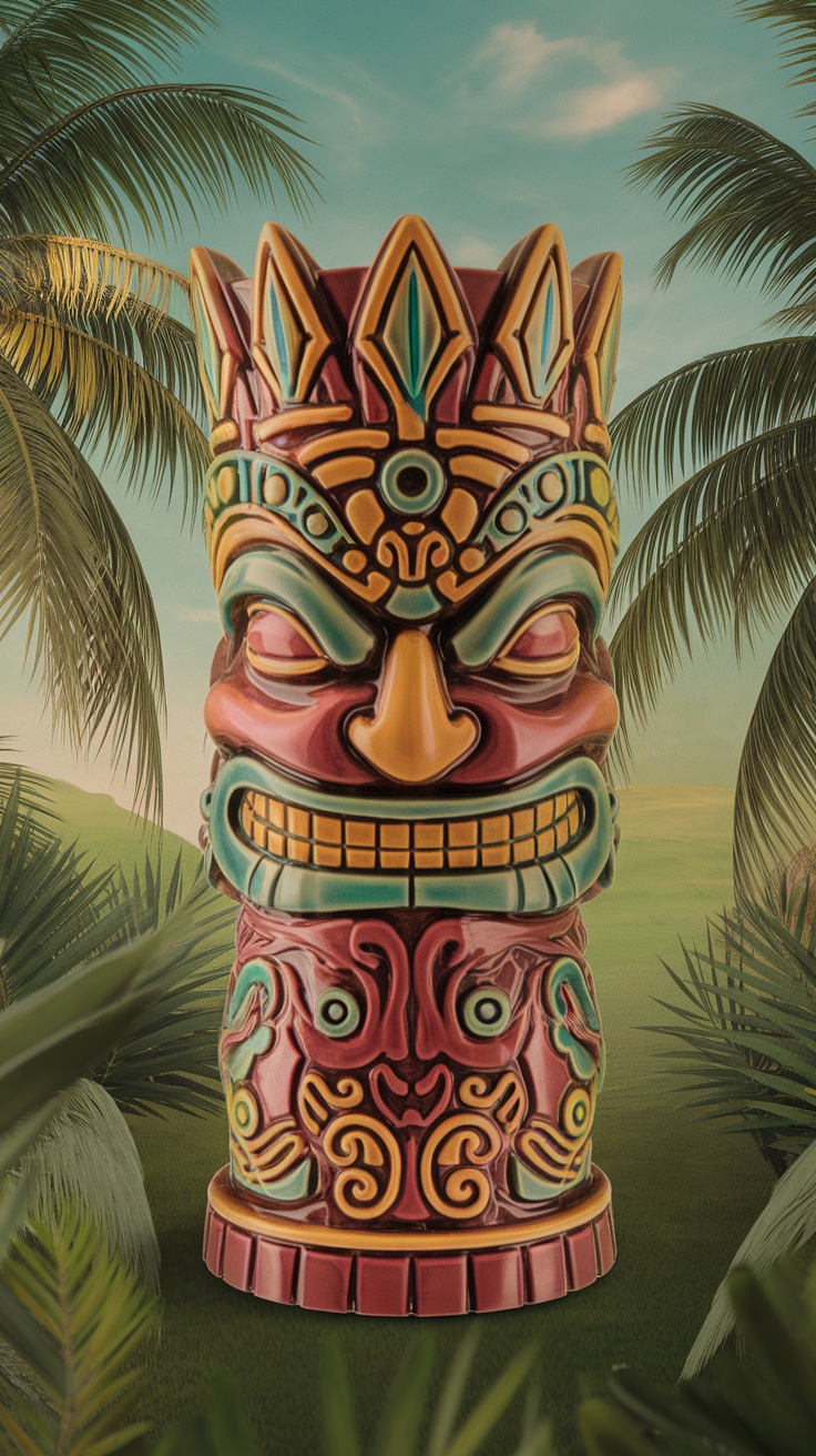 Colorful tiki mug surrounded by tropical foliage.