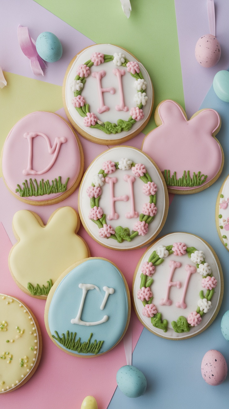 Decorated sugar cookies with initials and floral designs for Easter