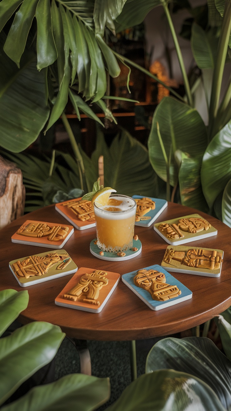 A table with colorful tiki-inspired drink coasters and a cocktail surrounded by tropical leaves.