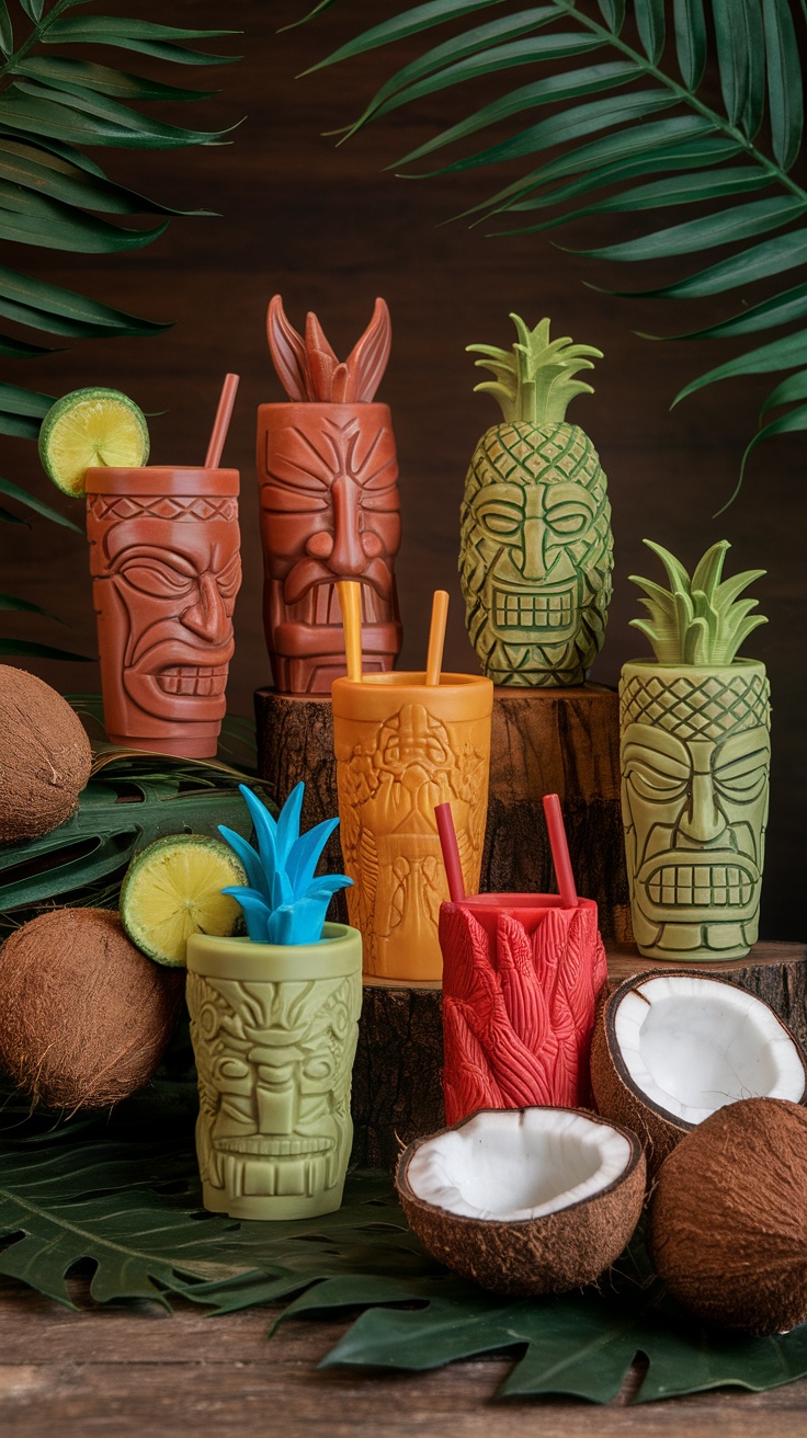 A collection of colorful tiki-inspired drinkware surrounded by tropical leaves and coconuts.