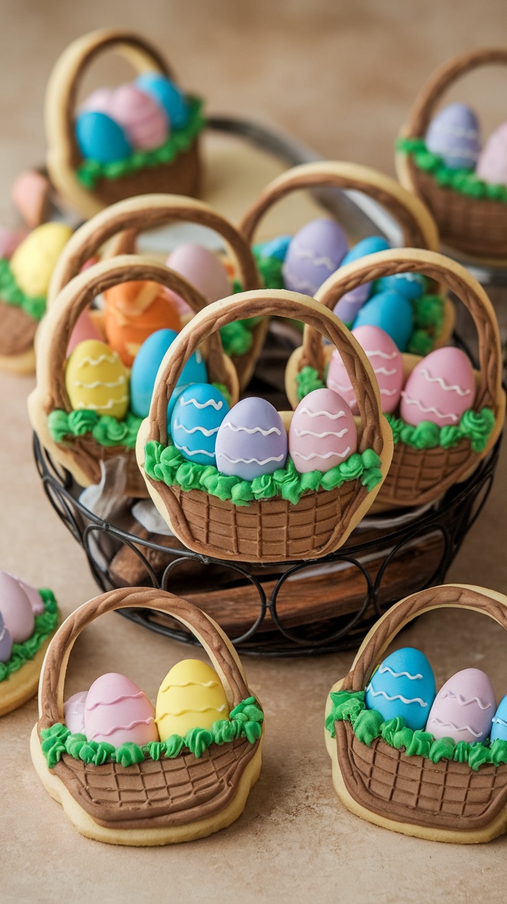 Easter basket-shaped cookies decorated with colorful icing eggs and green grass.