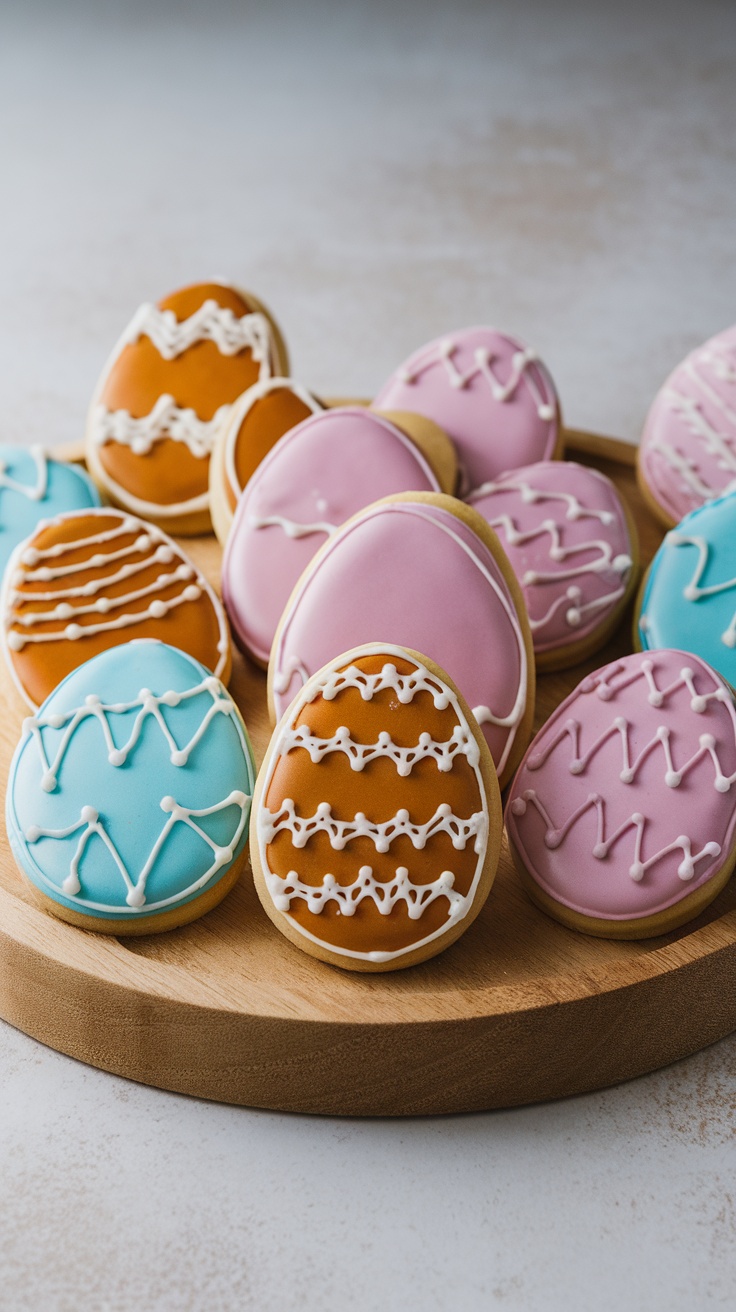 A plate of decorated sugar cookies shaped like Easter eggs in various colors.