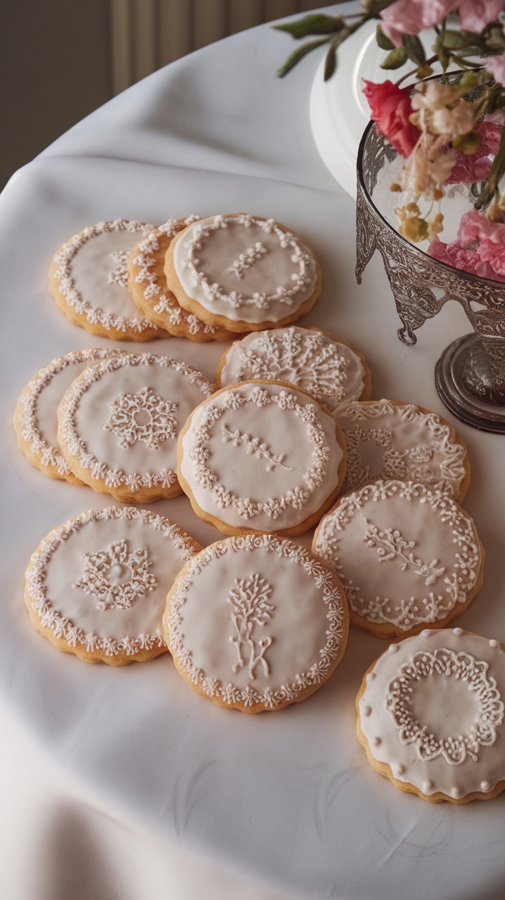 Easter sugar cookies decorated with intricate lace patterns in royal icing.