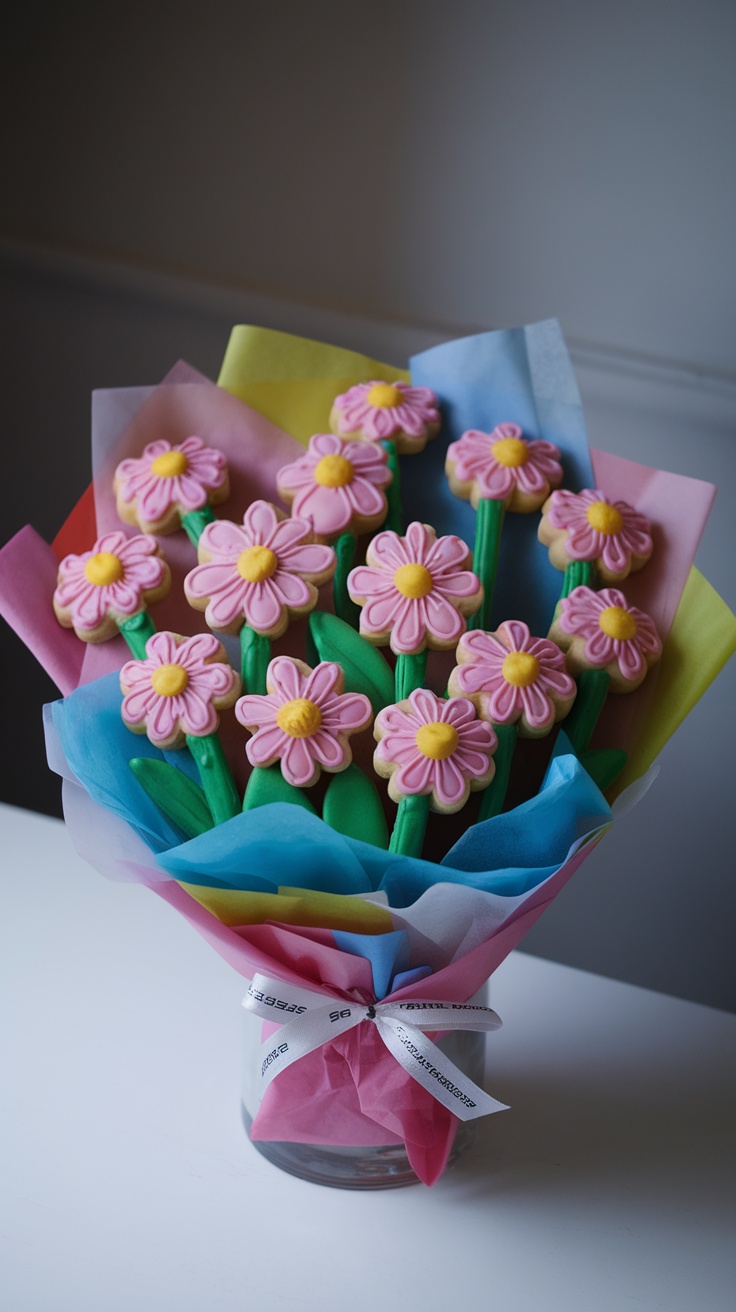 A colorful bouquet of floral-themed sugar cookies arranged in a vase, surrounded by vibrant tissue paper.