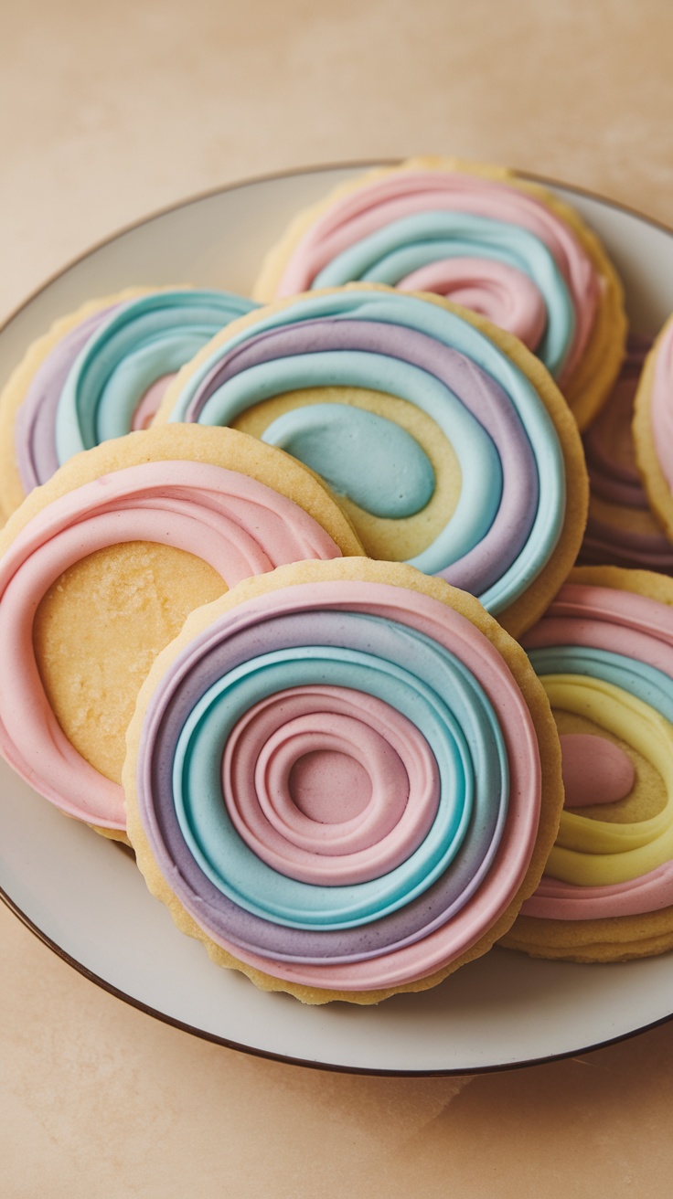 A plate of decorated sugar cookies with colorful frosting layers.