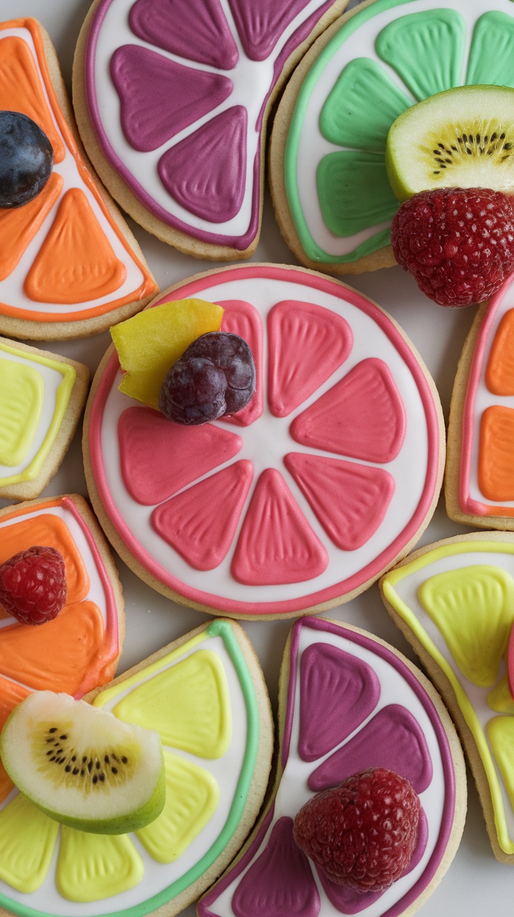 Colorful fruit-themed decorated sugar cookies for Easter