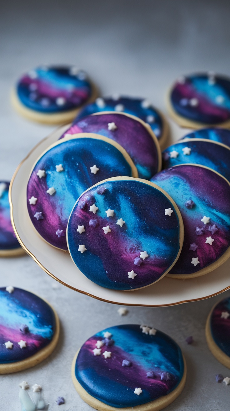 A plate of galaxy star cookies with vibrant blue and purple icing decorated with star-shaped candies.