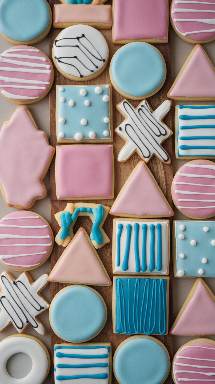 A variety of geometrically shaped sugar cookies decorated in pastel colors and patterns.