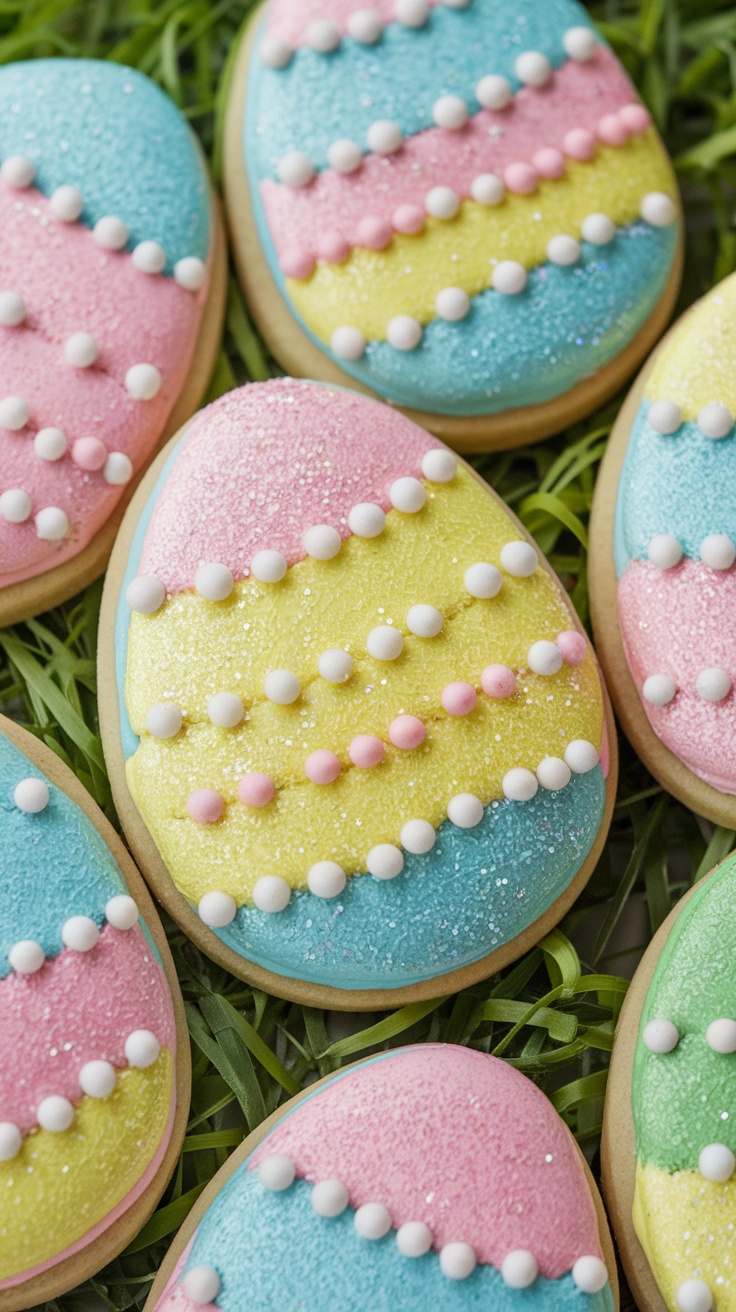 Glittery decorated Easter egg cookies on a bed of green grass.