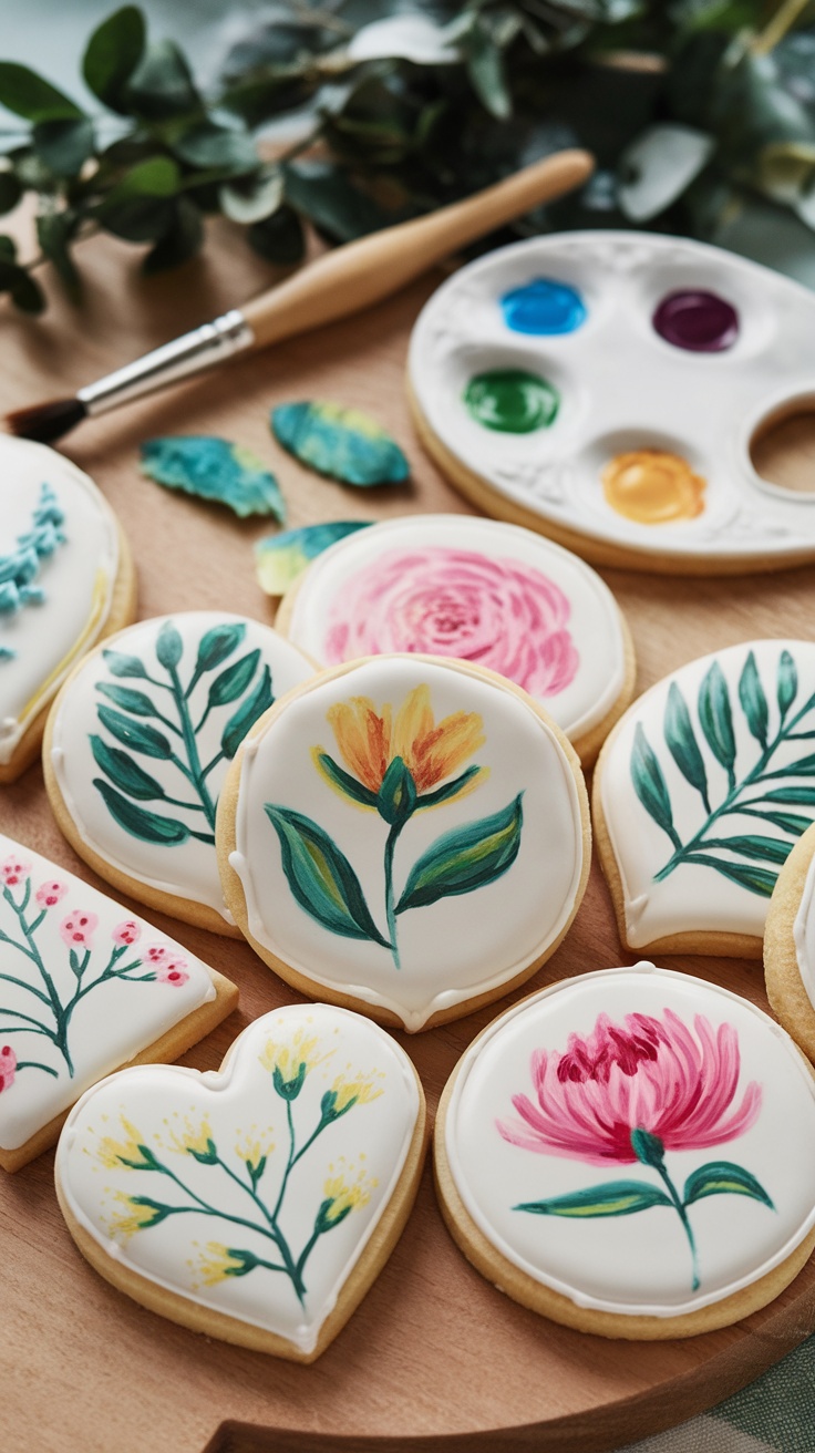 Beautifully decorated sugar cookies featuring hand-painted floral designs.