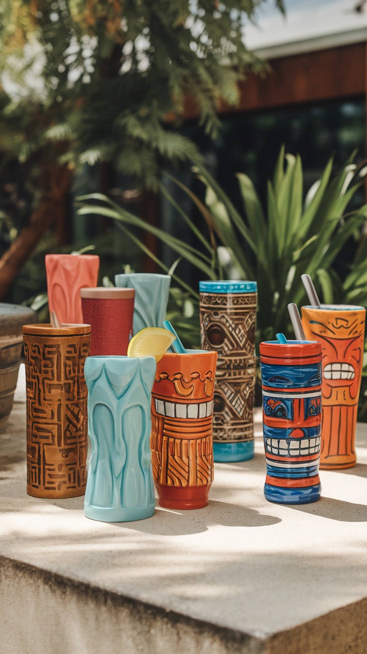 A collection of colorful tiki cups in various designs, displayed outdoors.