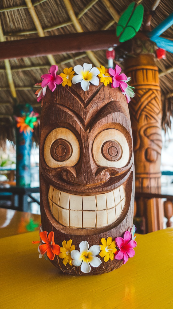 Jolly Coconut Tiki Face with colorful flowers