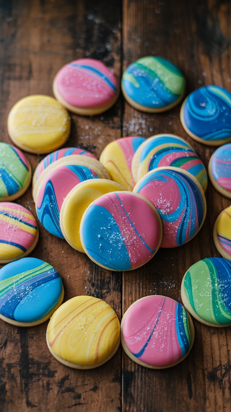 Colorful marbleized icing on sugar cookies for Easter.