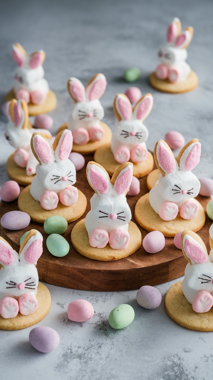 Decorated sugar cookies with marshmallow bunny toppers and pastel candies