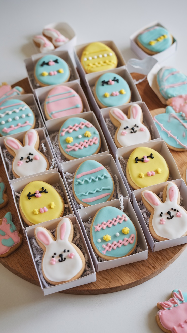 Mini cookie gift boxes filled with decorated easter cookies