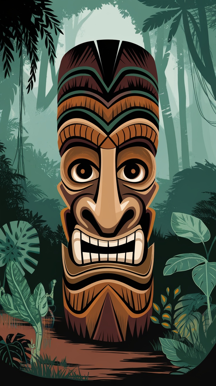 Colorful tiki face surrounded by jungle foliage.