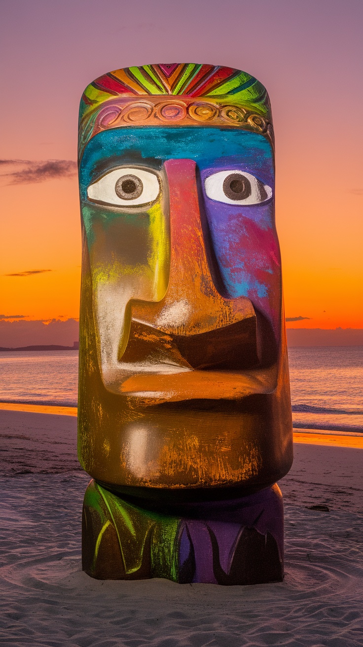 Colorful Moai tiki sculpture at sunset on a beach.