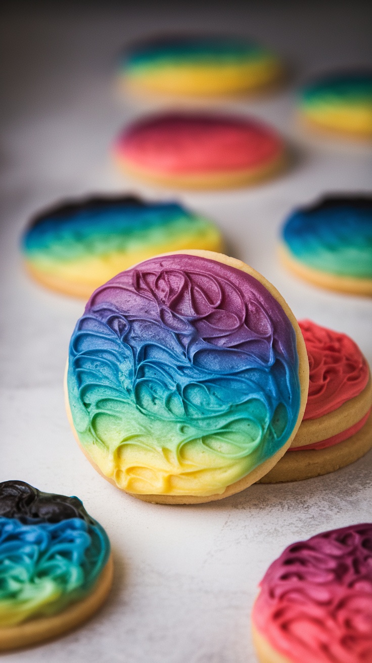 Easter sugar cookies decorated with ombre color gradation icing.