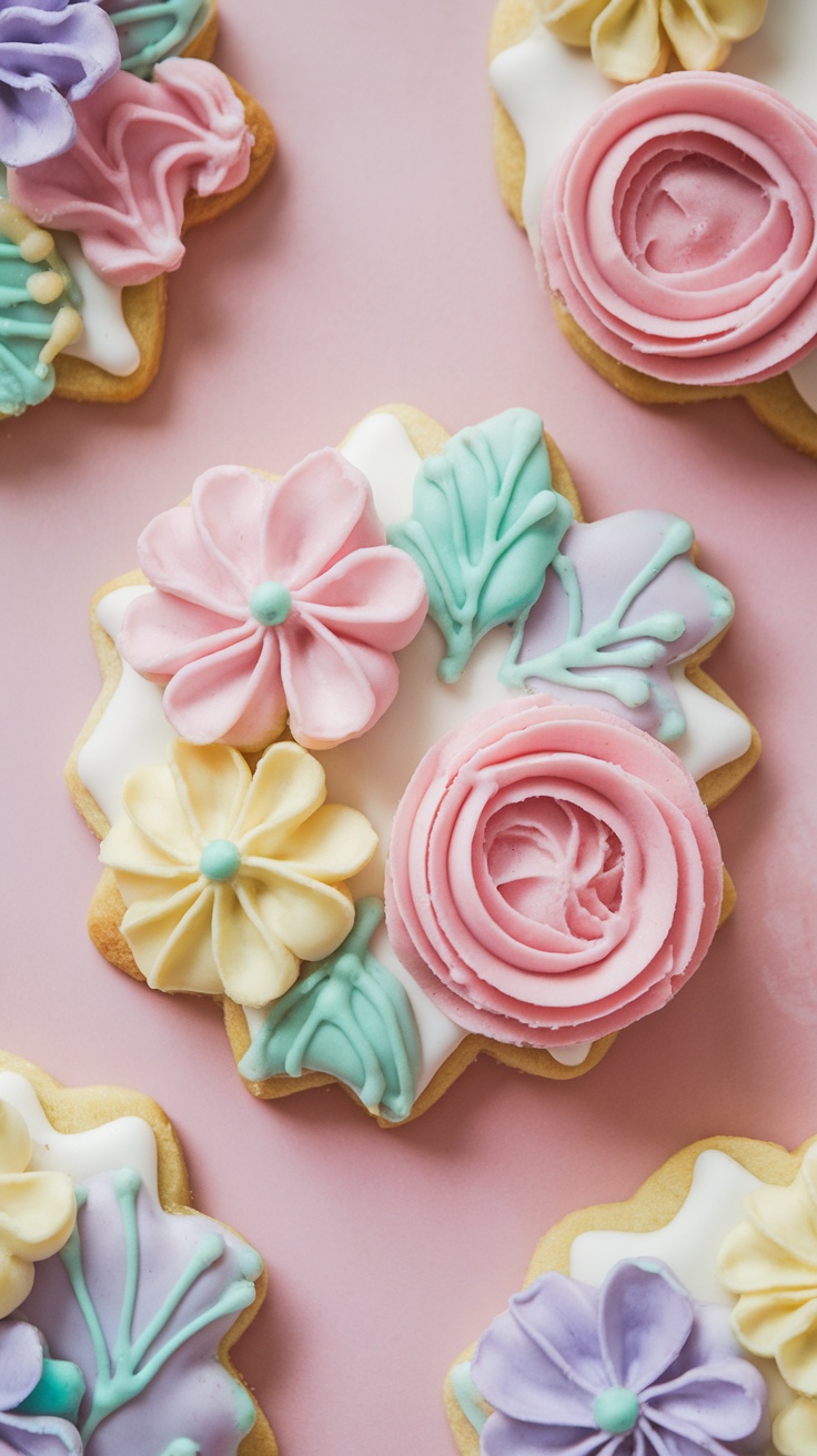 Decorated sugar cookies with pastel royal icing flowers and leaves