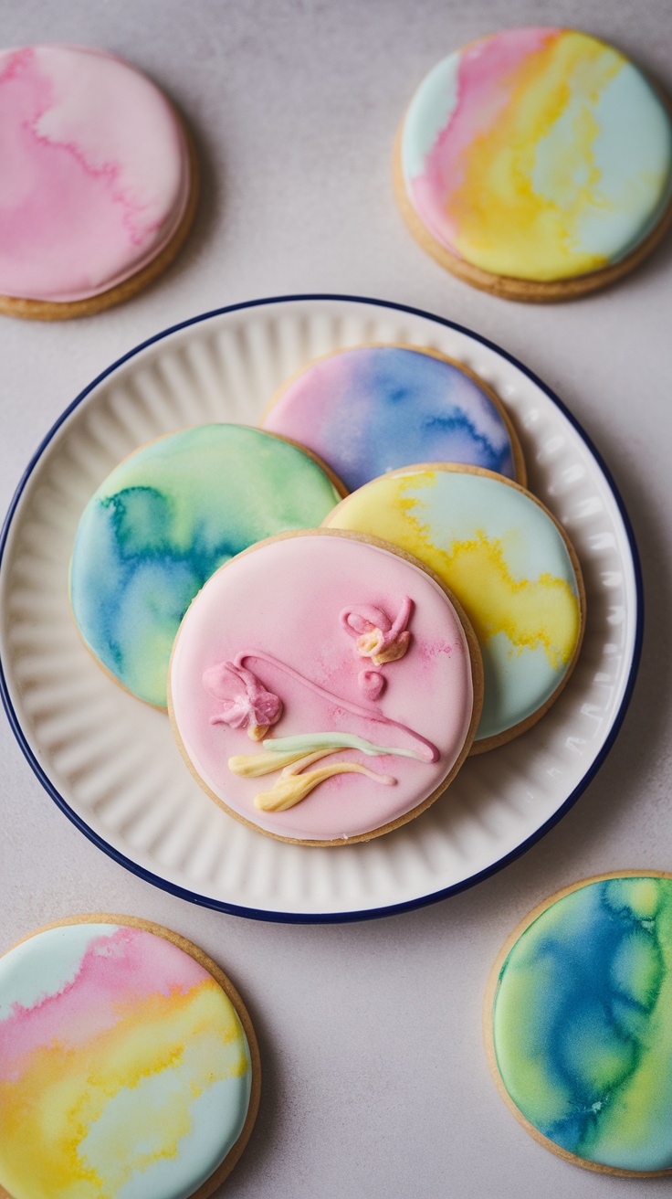 A plate of decorated sugar cookies with a pastel watercolor effect, featuring pink, blue, and yellow colors.