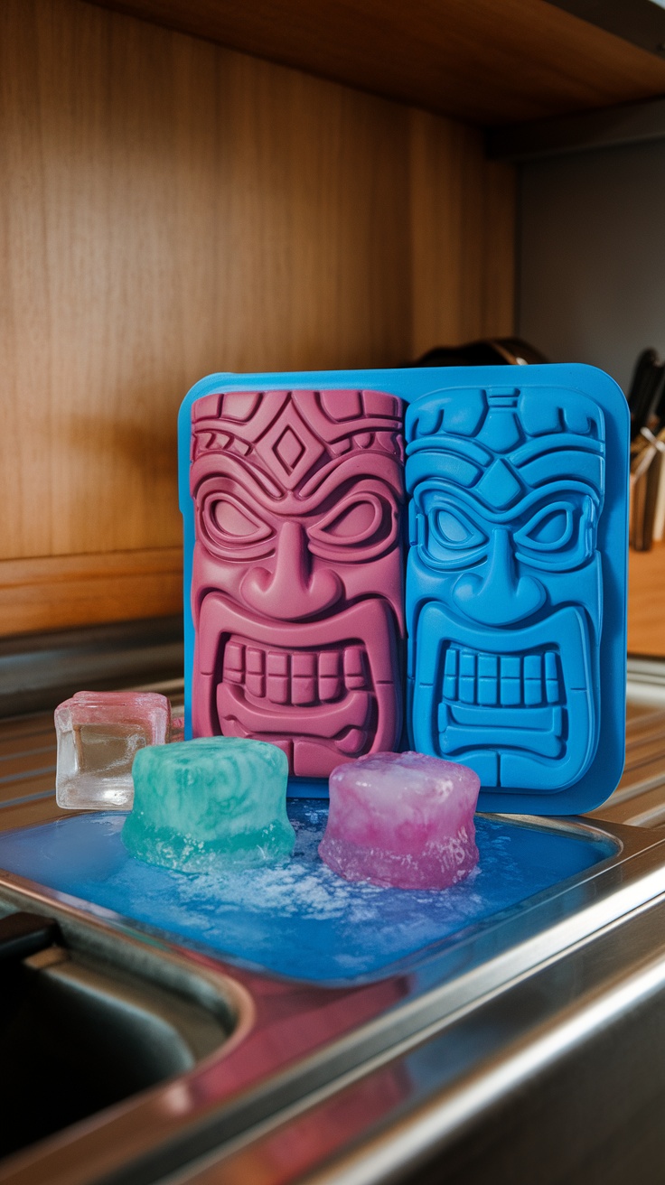 Colorful tiki ice cube trays with tiki faces and ice cubes